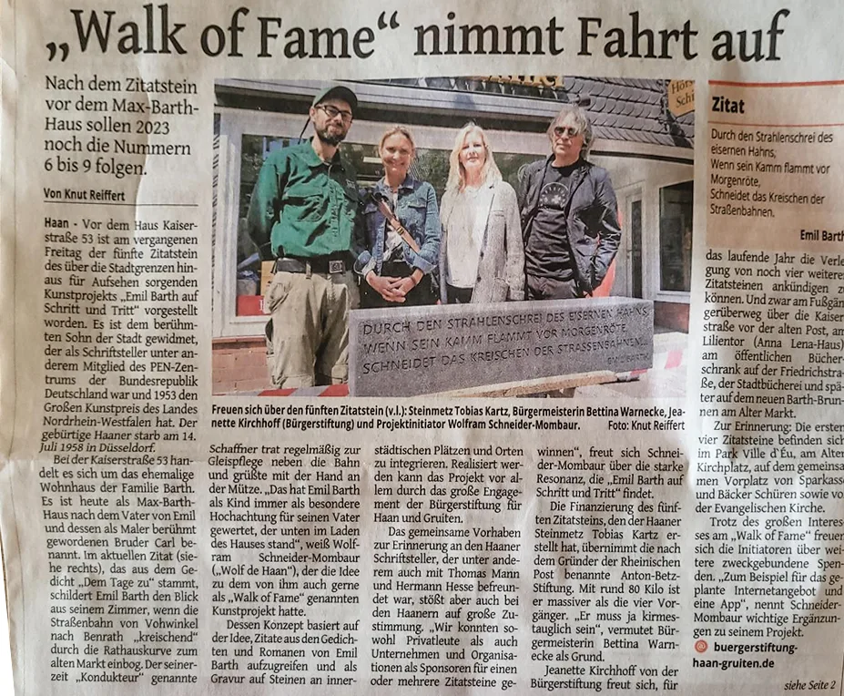 Walk of Fame, Das Projekt Zitatsteine Emil Barths in Haan, ausgeführt von Steine- und Bildhauerei Kartz